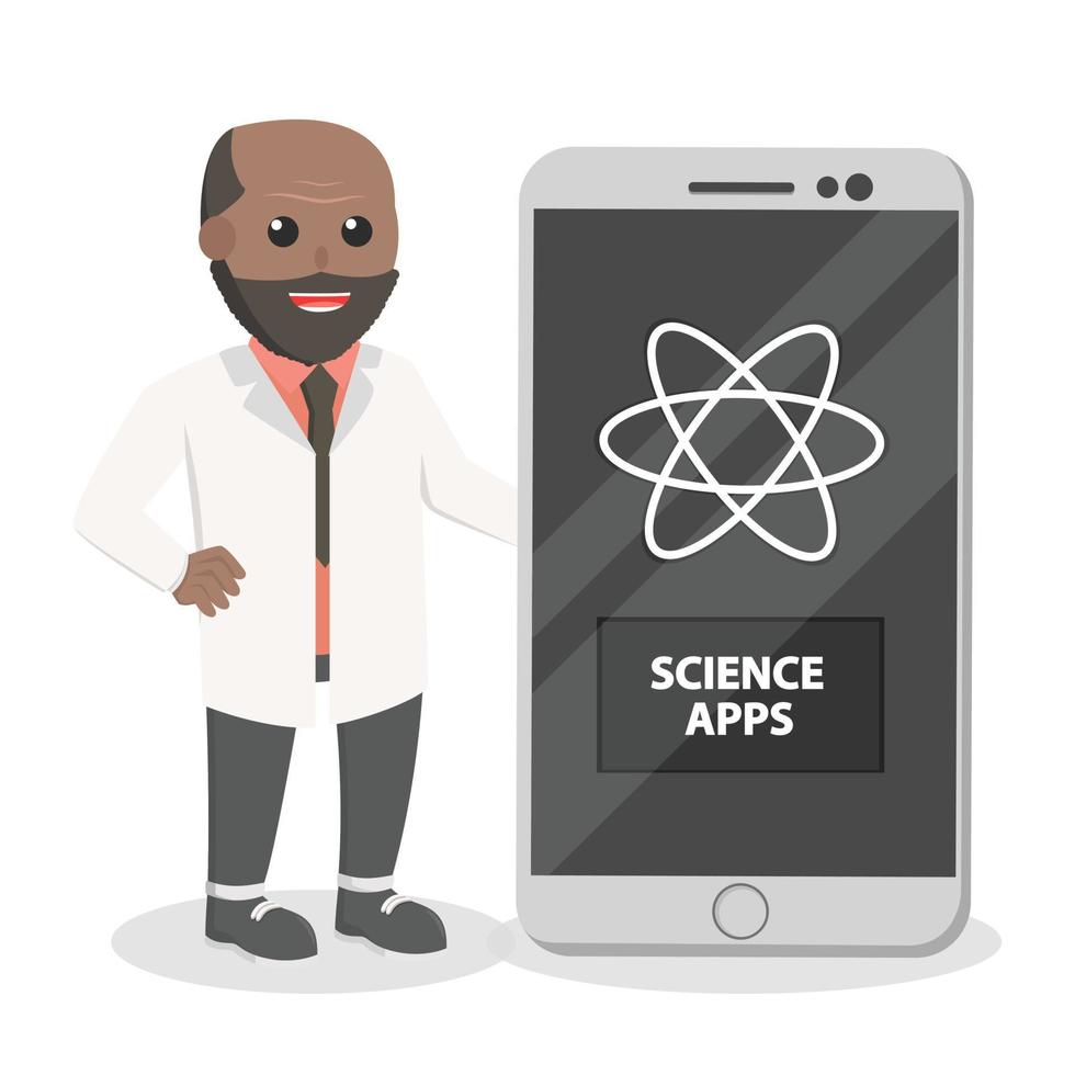 scienziato africano con scienza App design personaggio su bianca sfondo vettore