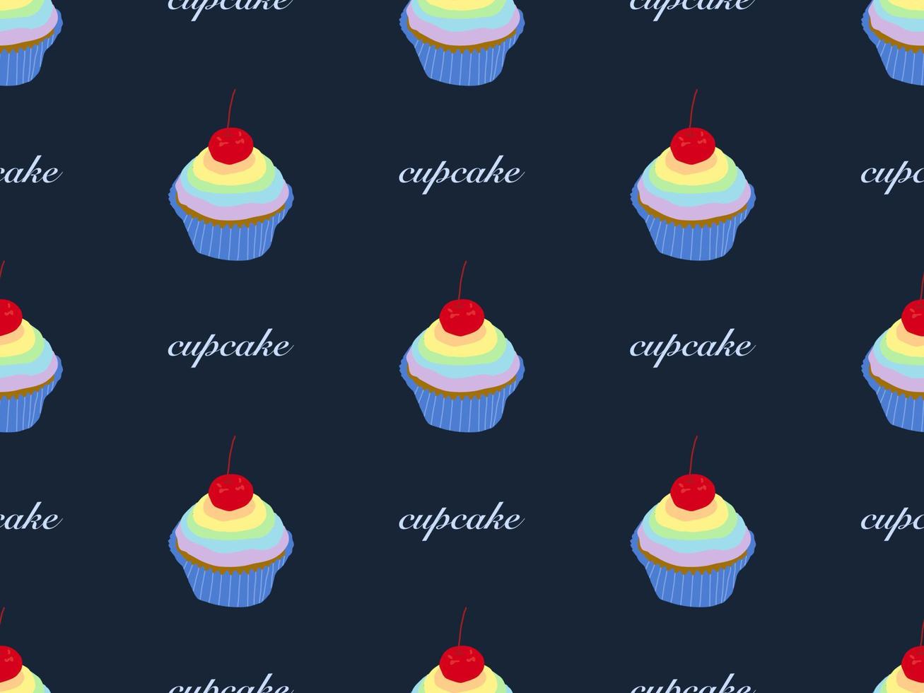 Cupcake cartone animato personaggio senza soluzione di continuità modello su blu sfondo vettore