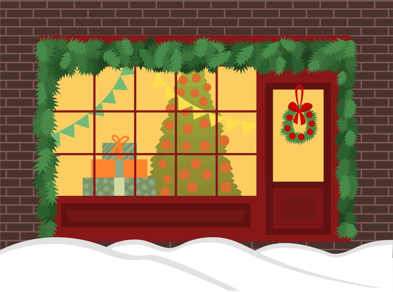 Natale negozio vettore illustrazione. inverno Natale negozio finestra su strada con pino e neve. carino arredamento ghirlanda su porta. piatto illustrazione.