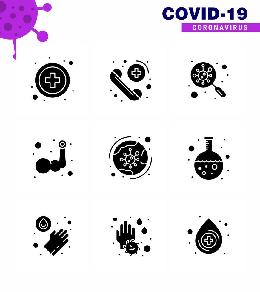 9 solido glifo nero impostato di corona virus epidemico icone come come In tutto il mondo muscolo trova mano strato virale coronavirus 2019 nov malattia vettore design elementi