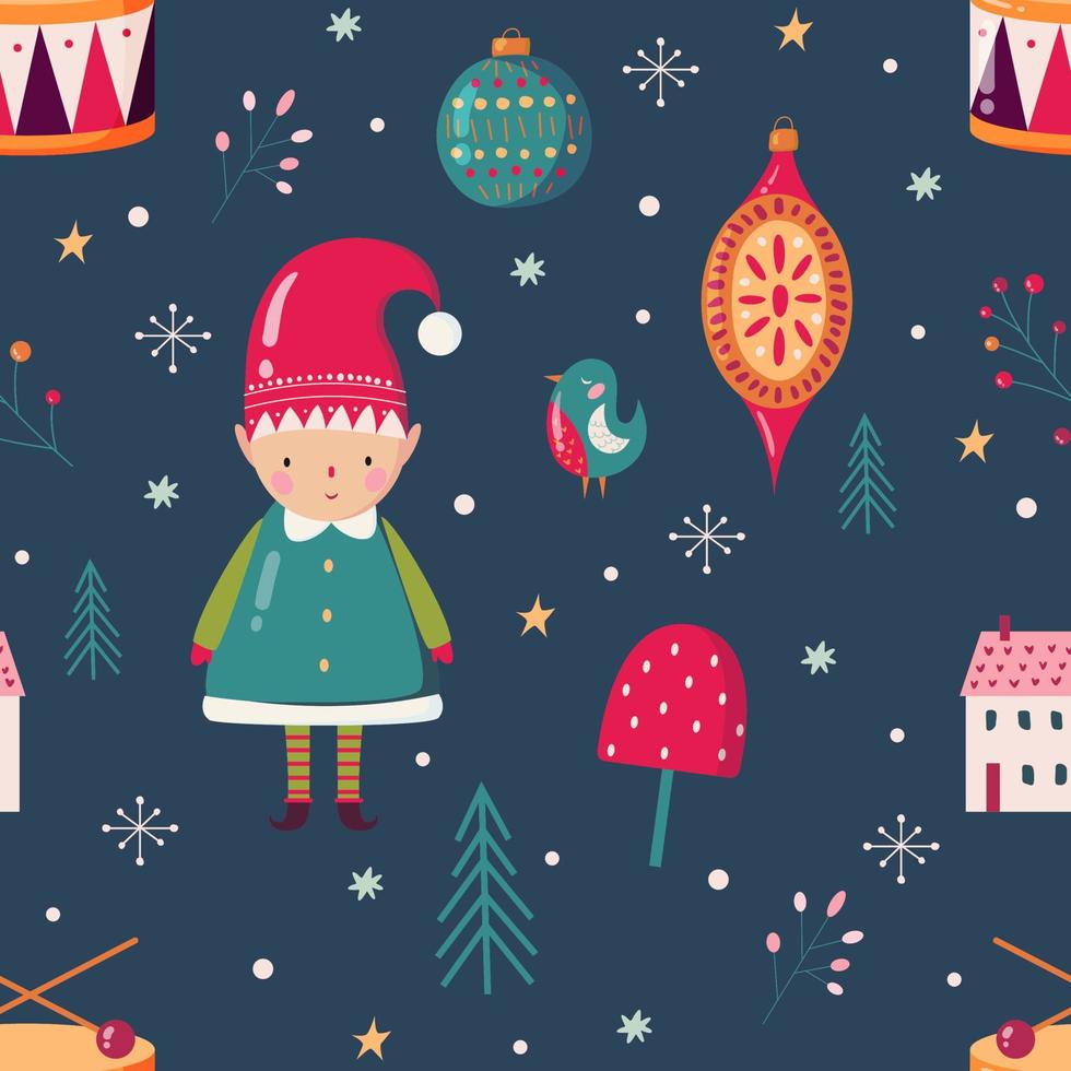 colorato Natale modello con carino elfo e inverno cose per involucro carta vettore