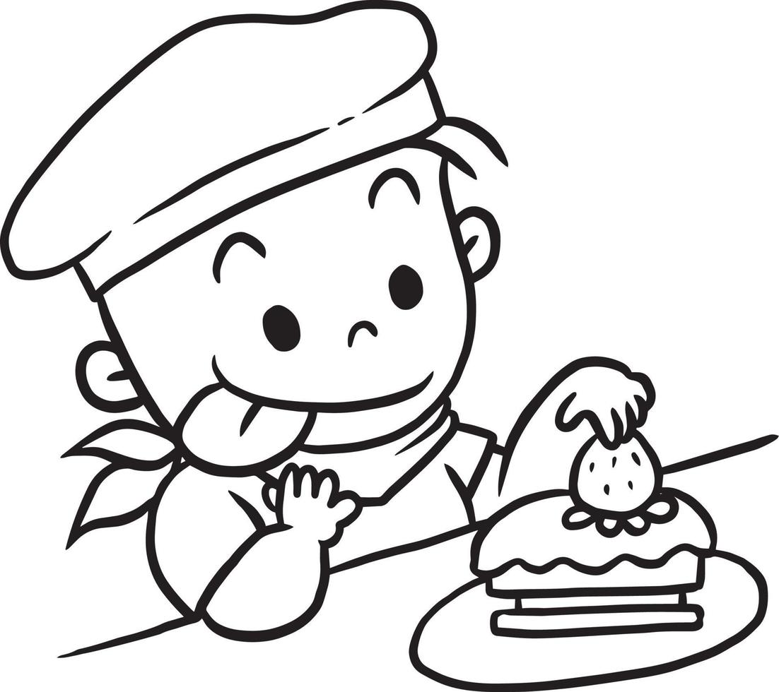 cartone animato ragazzo mangiare torta scarabocchio kawaii anime colorazione pagina carino illustrazione disegno clip arte personaggio chibi manga i fumetti vettore