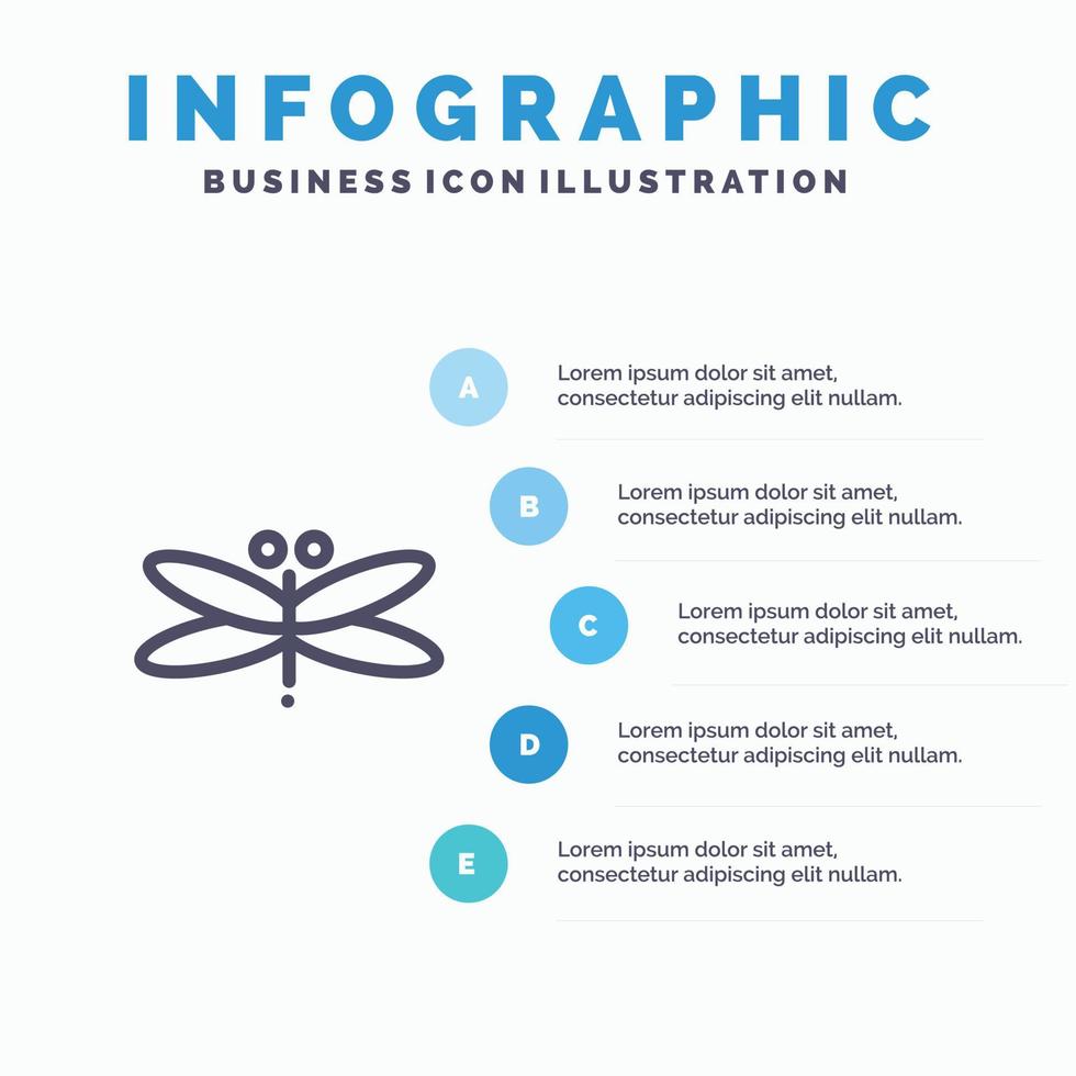 Drago libellula draghi volare primavera linea icona con 5 passaggi presentazione infografica sfondo vettore