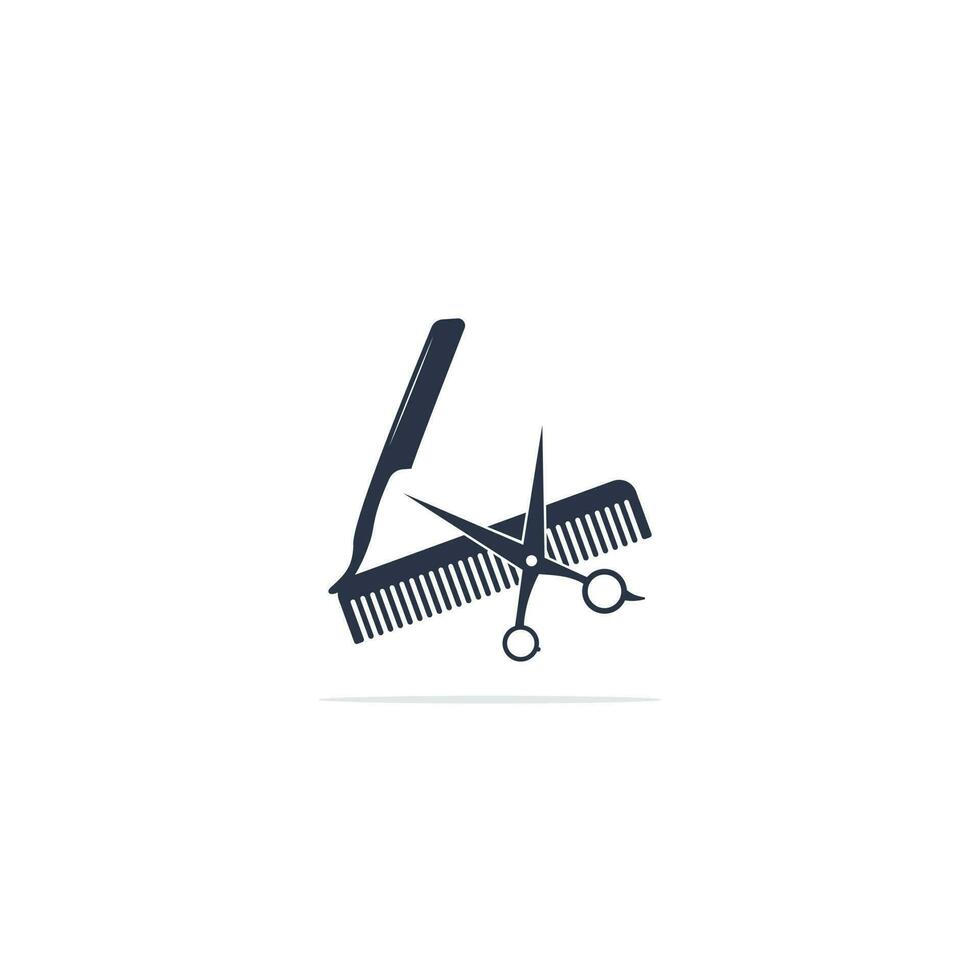 logo per barbiere, capelli salone. forbici icona barbiere logo cartello. forbici, pettine e rasoio, barbiere icona e logo. vettore