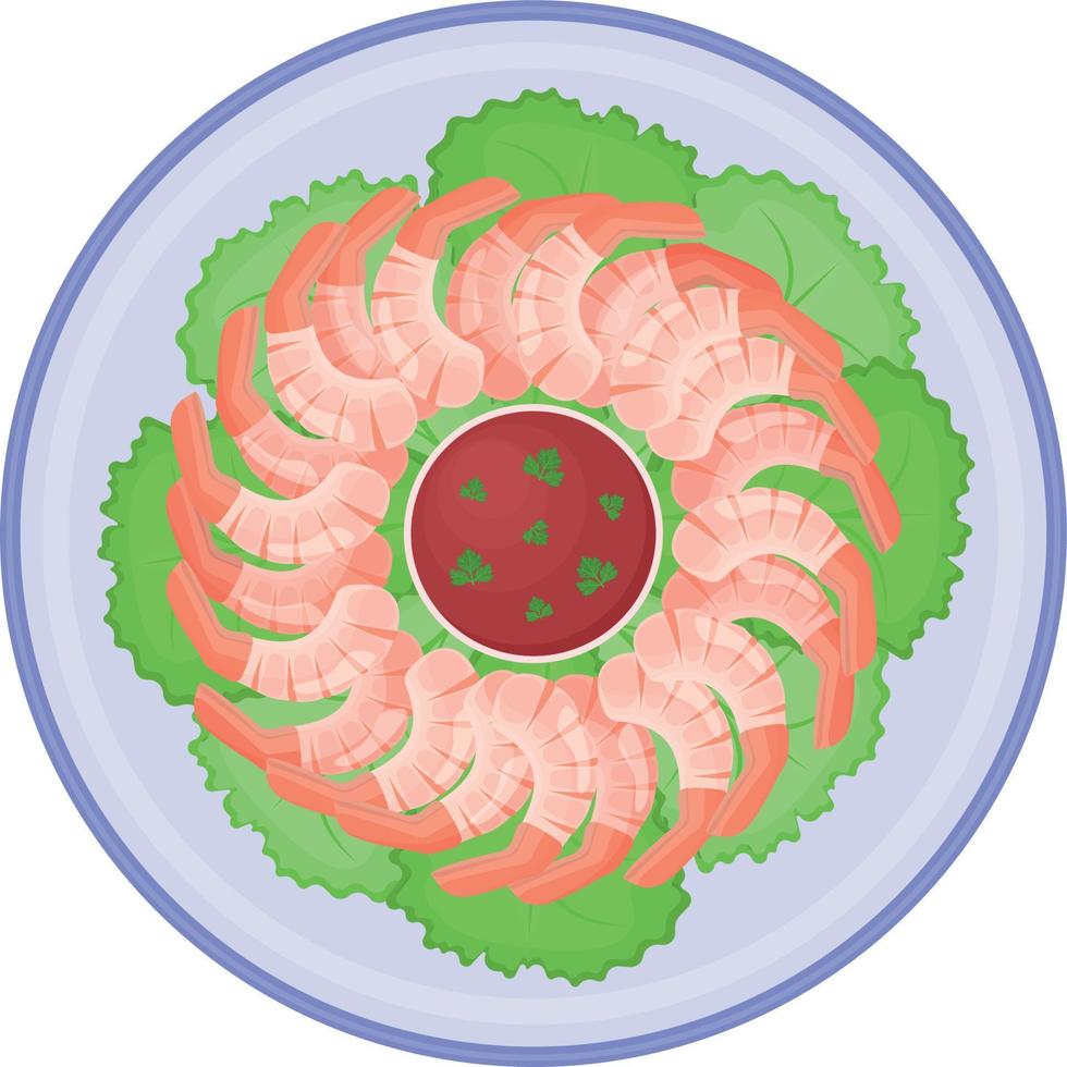 luminosa, delizioso bollito gamberetto su un' il giro piatto con verde lattuga le foglie e un' salsa con erbe aromatiche. gamberetto su un' piatto superiore Visualizza. vettore illustrazione isolato su bianca sfondo.