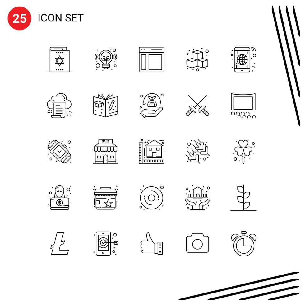 mobile interfaccia linea impostato di 25 pittogrammi di giocare divertimento soluzione cubi sidebar modificabile vettore design elementi