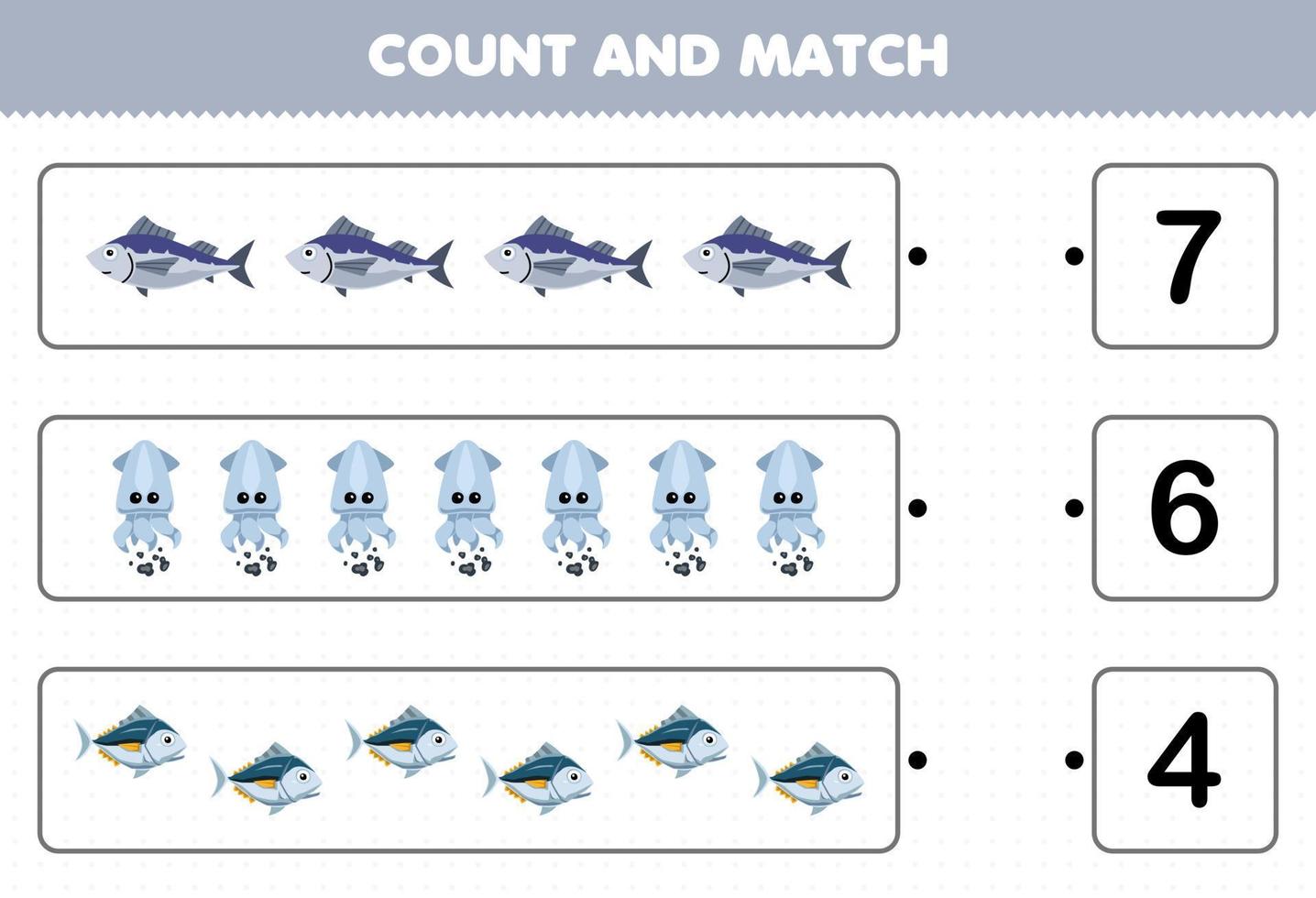 formazione scolastica gioco per bambini contare il numero di carino cartone animato tonno pesce calamaro e incontro con il giusto numeri stampabile subacqueo foglio di lavoro vettore
