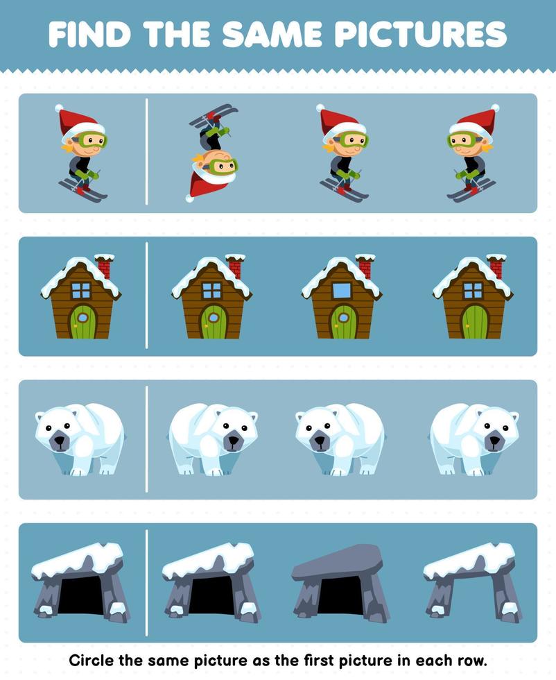 formazione scolastica gioco per bambini trova il stesso immagine nel ogni riga di carino cartone animato sciare Casa polare orso tana stampabile inverno foglio di lavoro vettore