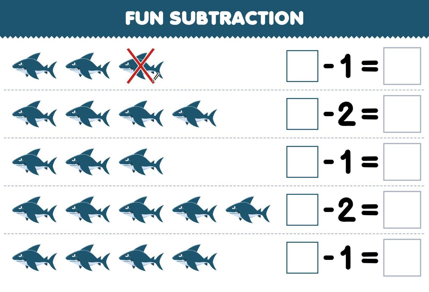 formazione scolastica gioco per bambini divertimento sottrazione di conteggio carino cartone animato squalo nel ogni riga e eliminando esso stampabile subacqueo foglio di lavoro vettore