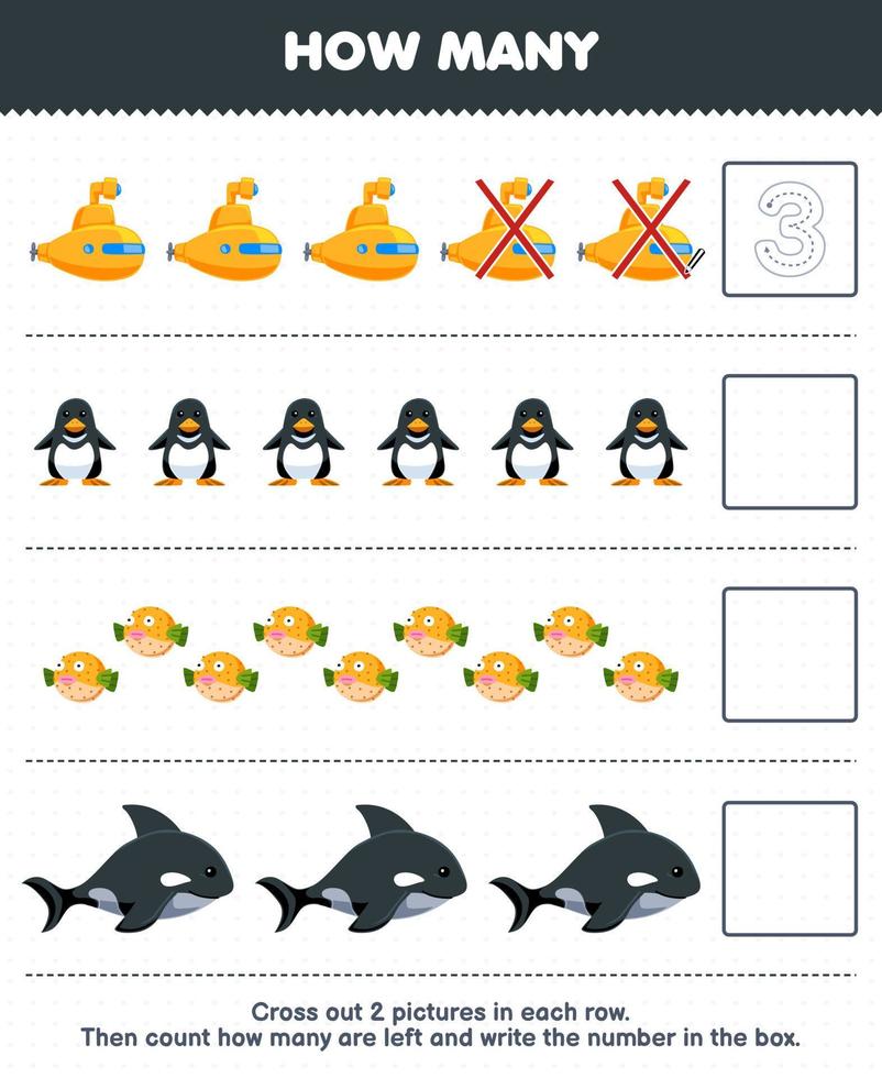 formazione scolastica gioco per bambini contare Come molti carino cartone animato sottomarino pinguino pesce orca e Scrivi il numero nel il scatola stampabile subacqueo foglio di lavoro vettore