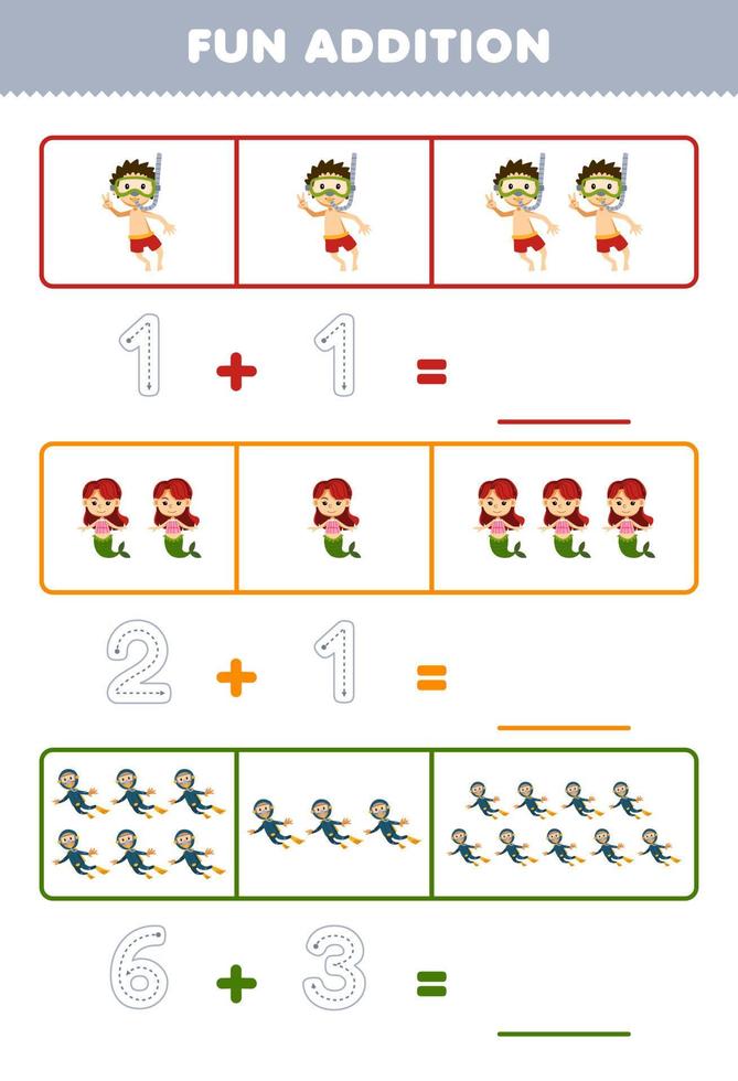 formazione scolastica gioco per bambini divertimento aggiunta di conteggio e tracciato il numero di carino cartone animato tuffatore e sirena stampabile subacqueo foglio di lavoro vettore