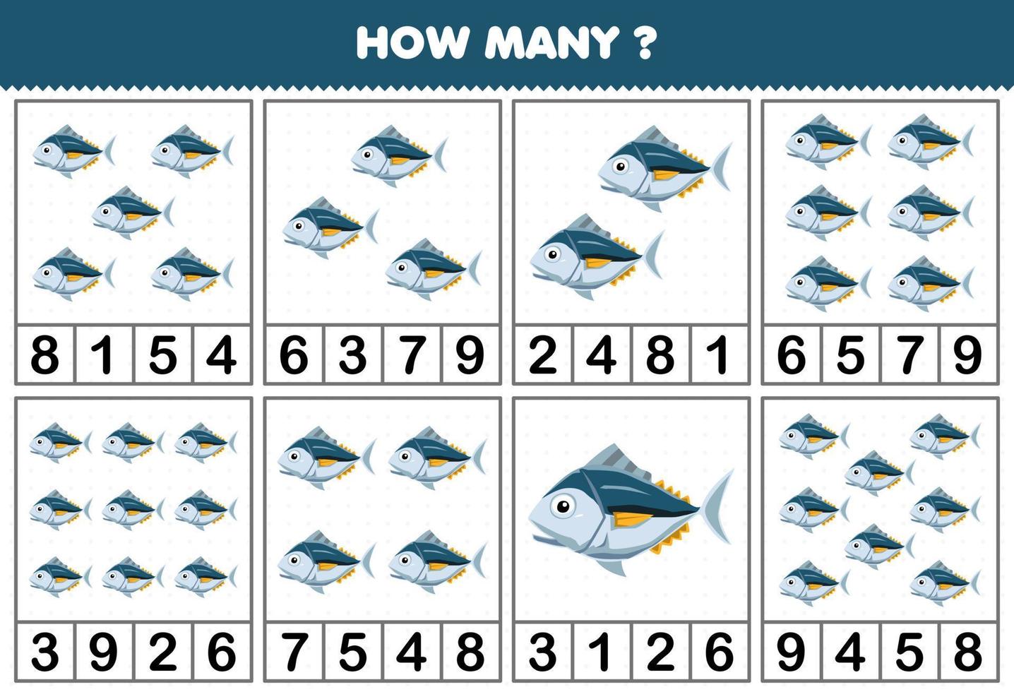 formazione scolastica gioco per bambini conteggio Come molti oggetti nel ogni tavolo di carino cartone animato tonno stampabile subacqueo foglio di lavoro vettore