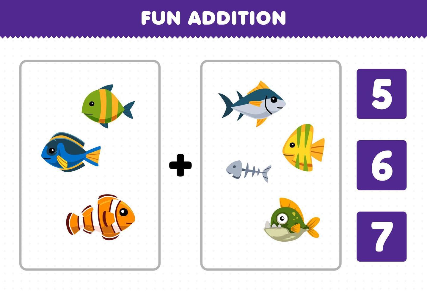 formazione scolastica gioco per bambini divertimento aggiunta di contare e scegliere il corretta risposta di carino cartone animato pesce stampabile subacqueo foglio di lavoro vettore