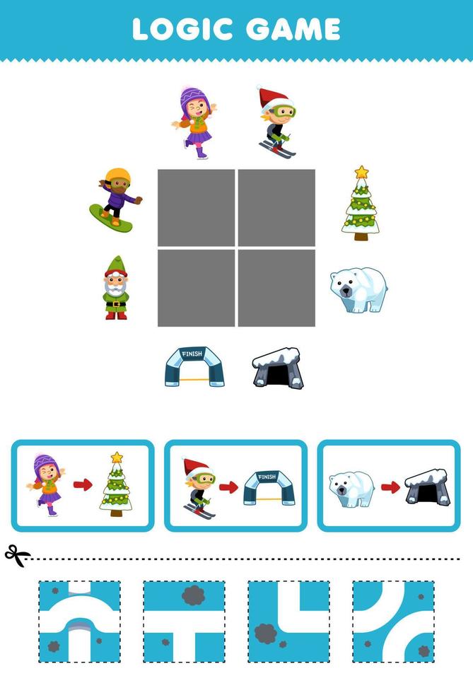 formazione scolastica gioco per bambini logica puzzle costruire il strada per ragazza ragazzo e polare orso mossa per Natale albero finire linea e tana stampabile inverno foglio di lavoro vettore