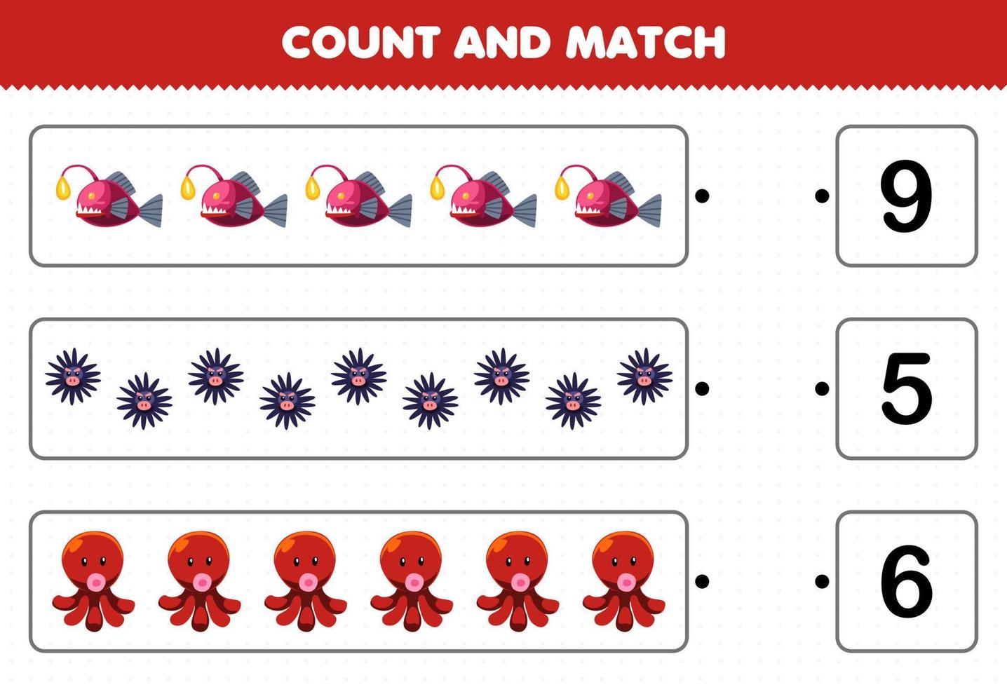 formazione scolastica gioco per bambini contare il numero di carino cartone animato pesce riccio polpo e incontro con il giusto numeri stampabile subacqueo foglio di lavoro vettore