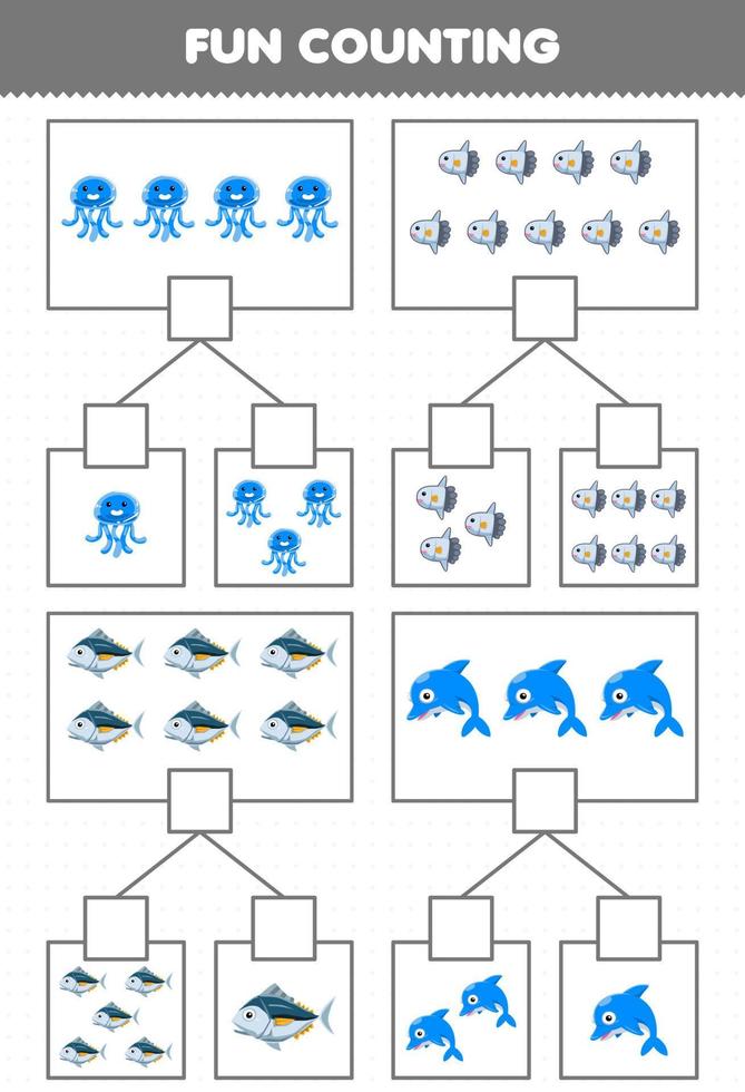 formazione scolastica gioco per bambini divertimento conteggio immagine nel ogni scatola di carino cartone animato Medusa sunfish tonno delfino stampabile subacqueo foglio di lavoro vettore