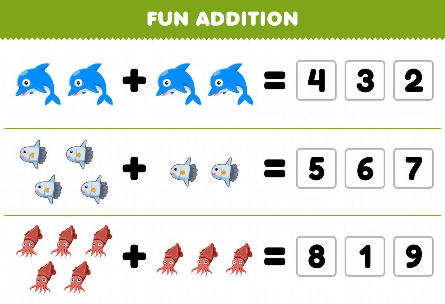 formazione scolastica gioco per bambini divertimento aggiunta di indovina il corretta numero di carino cartone animato delfino sunfish seppia stampabile subacqueo foglio di lavoro vettore