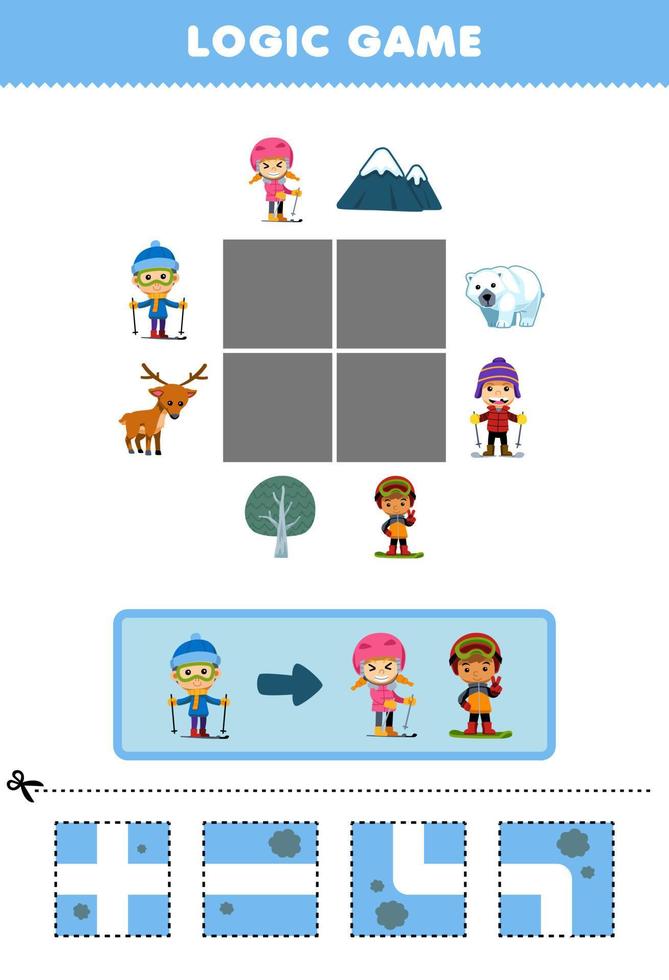 formazione scolastica gioco per bambini logica puzzle costruire il strada per ragazzo giocando sciare mossa per un altro bambini stampabile inverno foglio di lavoro vettore