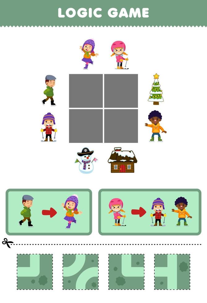 formazione scolastica gioco per bambini logica puzzle costruire il strada per bambini giocando ghiaccio pattinando stampabile inverno foglio di lavoro vettore