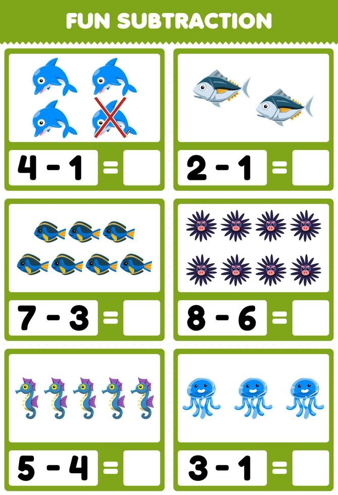 formazione scolastica gioco per bambini divertimento sottrazione di conteggio e eliminando carino cartone animato delfino pesce riccio cavalluccio marino Medusa stampabile subacqueo foglio di lavoro vettore