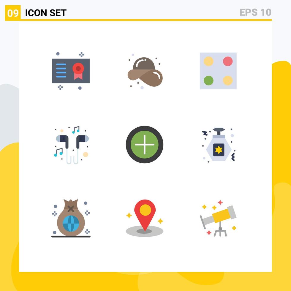 9 piatto colore concetto per siti web mobile e applicazioni canzone musica cannuccia cappello cuffia stufa modificabile vettore design elementi