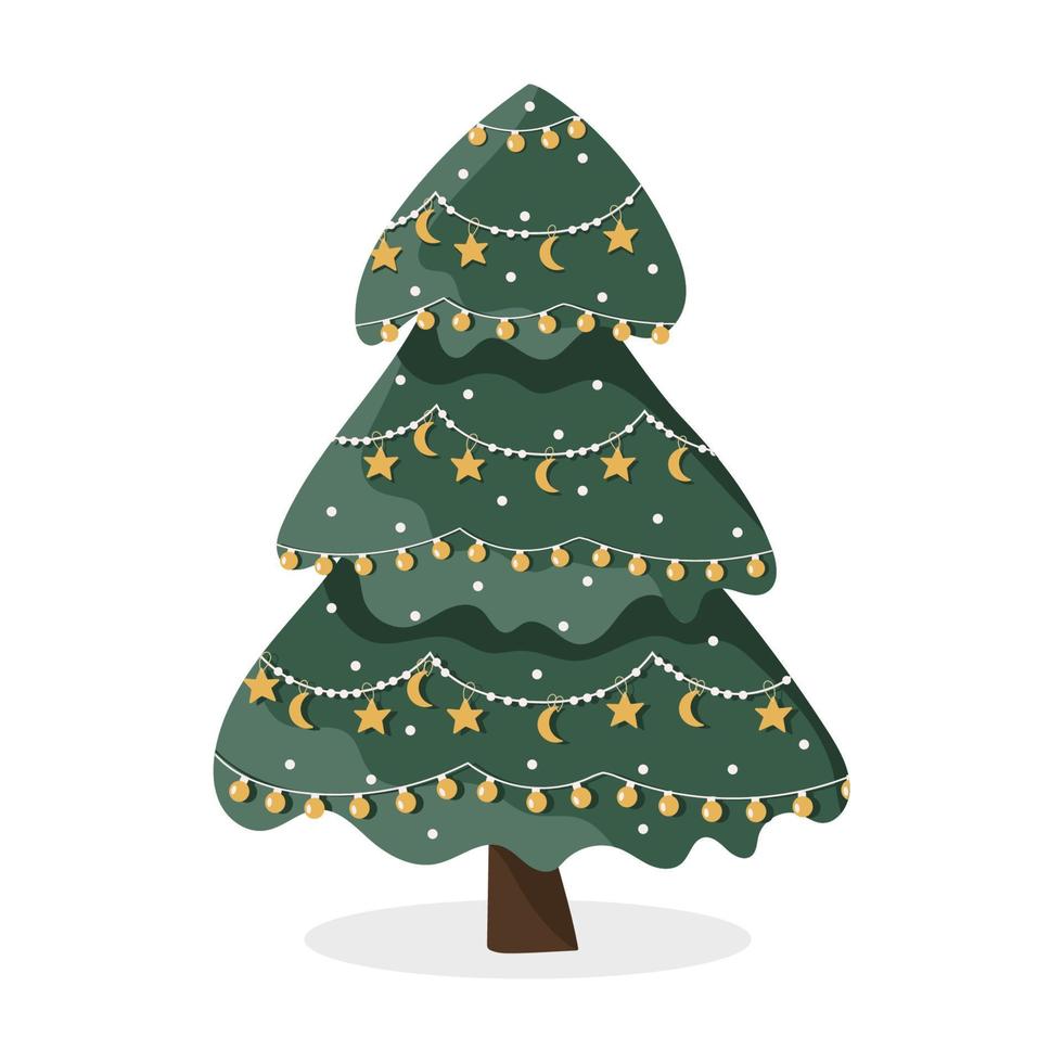 Natale albero decorato con oro ghirlande, lune, stelle e neve. piatto illustrazione isolato su bianca. vettore