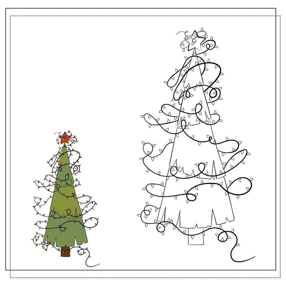 colorazione libro per bambini. cartone animato Natale albero con ghirlande. vettore