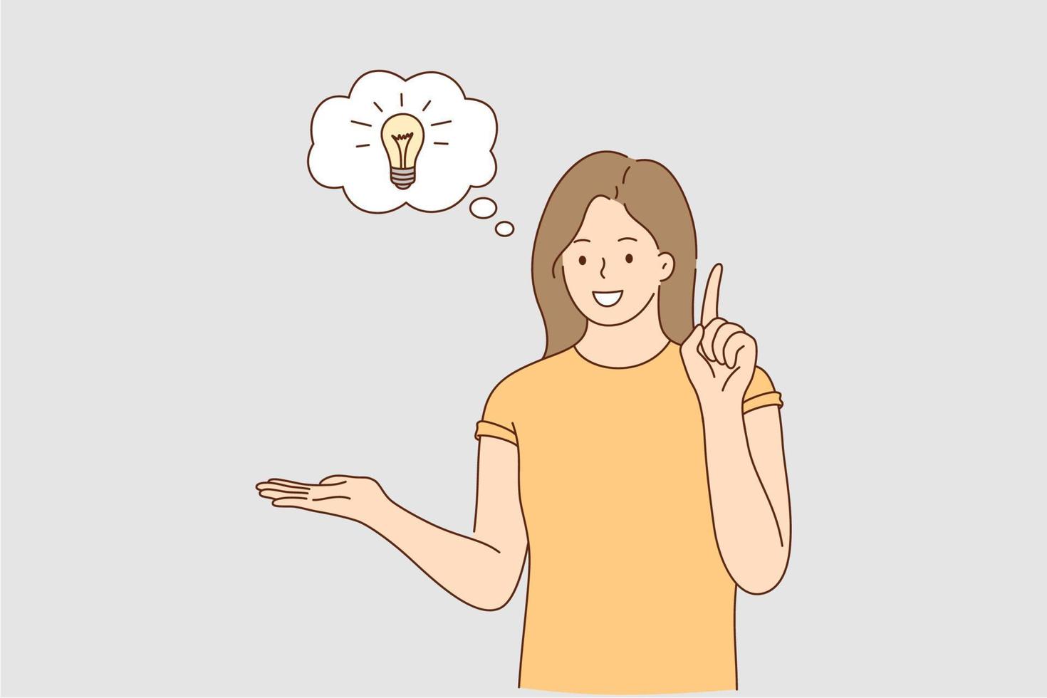 grande idea, innovazione, avviare concetto. giovane sorridente donna cartone animato personaggio mostrando avendo bene idea e innovazione nel cervello con dito con lampada simbolo nel bolla vettore illustrazione