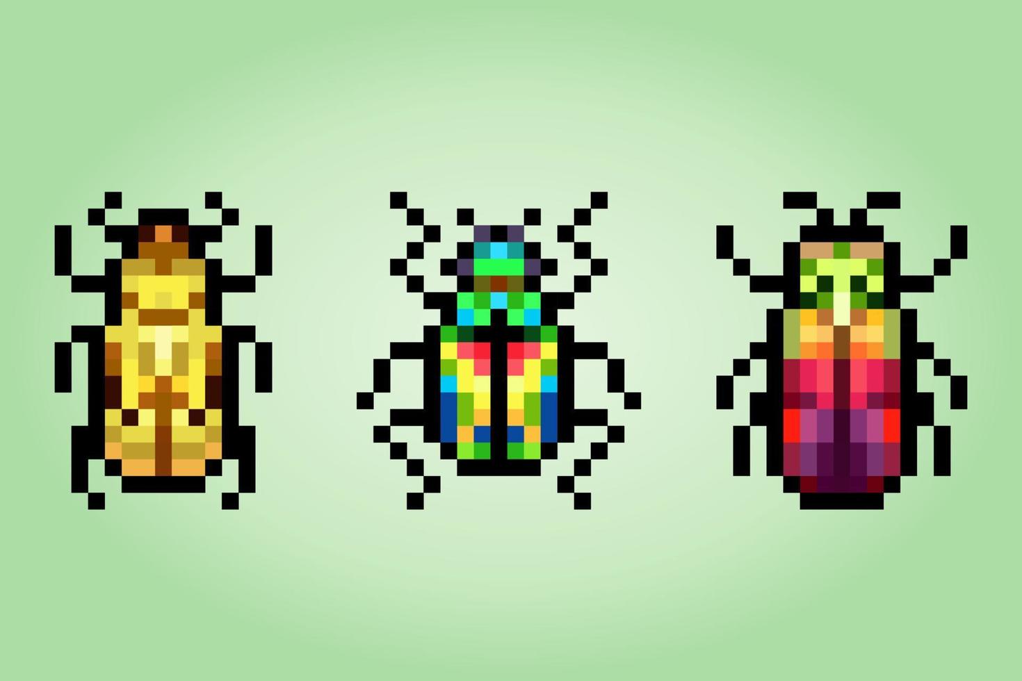 Scarabei a 8 bit. insetti animali per risorse di gioco e schemi a punto croce nelle illustrazioni vettoriali. vettore