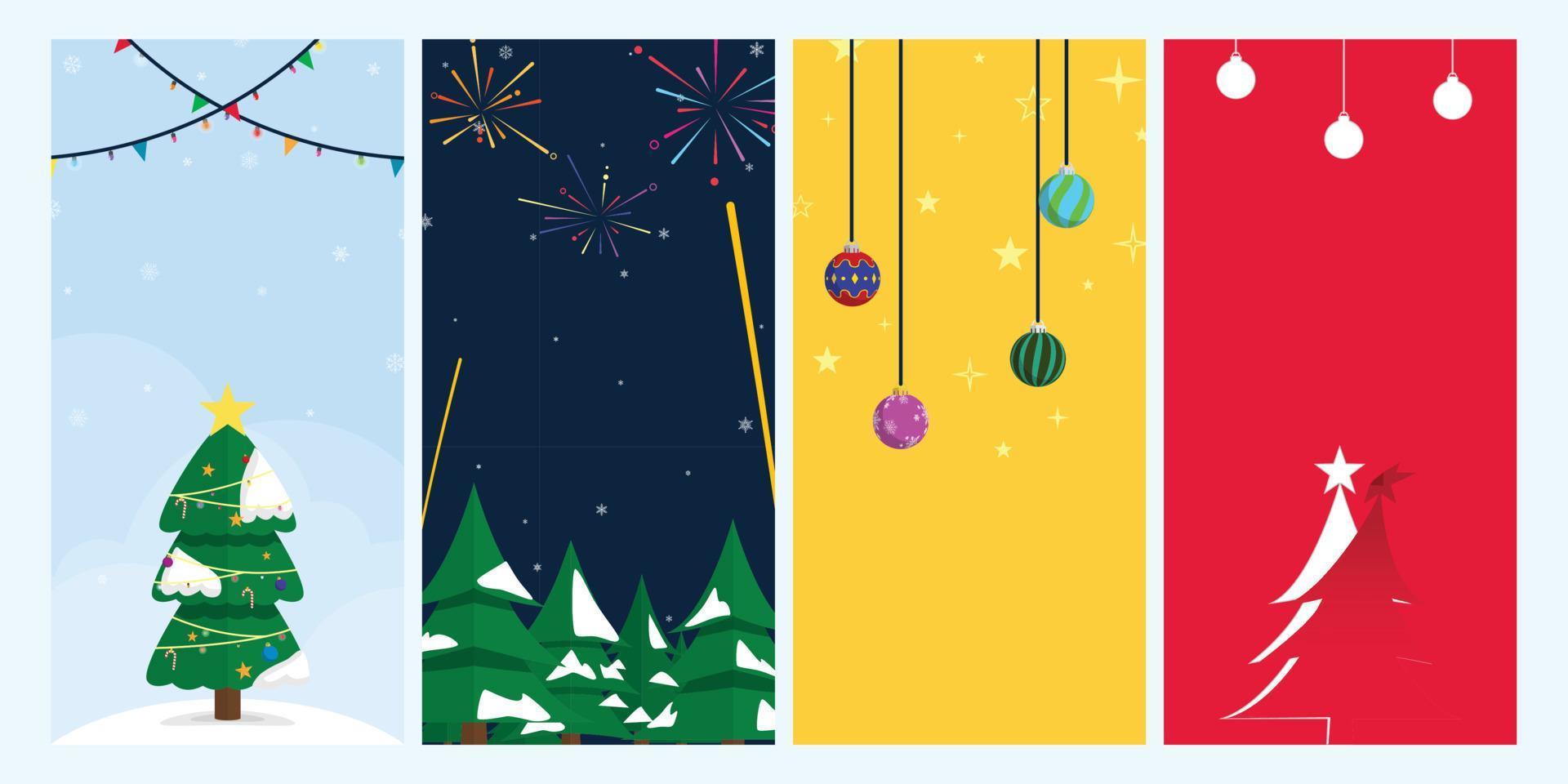 Natale e nuovo anno ritratto verticale bandiera collezione. Natale albero con neve, fuoco d'artificio scena, ornamento Natale scena, e carta stile vettore eps10