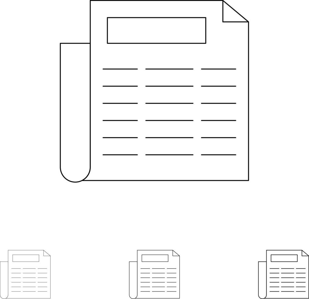 notizia carta documento grassetto e magro nero linea icona impostato vettore