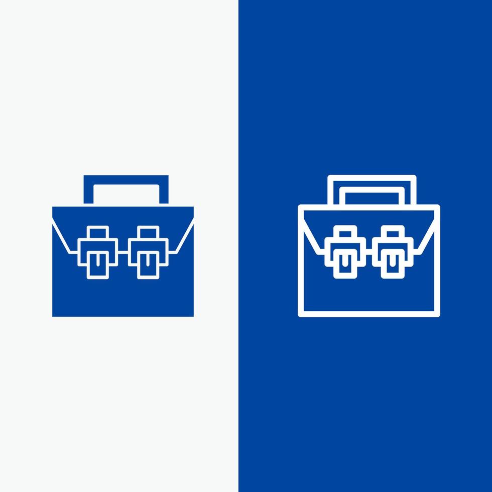 Borsa scatola costruzione Materiale kit di strumenti linea e glifo solido icona blu bandiera linea e glifo solido icona blu bandiera vettore