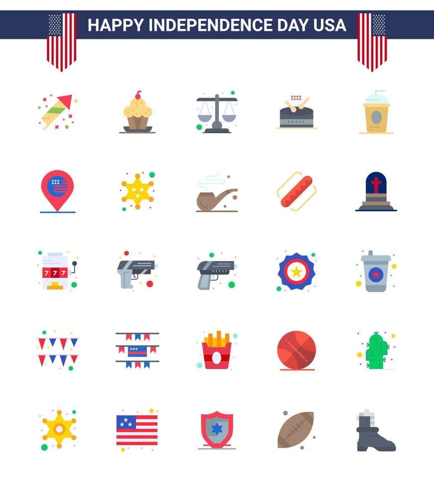 Stati Uniti d'America contento indipendenza pictogram impostato di 25 semplice appartamenti di torta musica ringraziamento strumento scala modificabile Stati Uniti d'America giorno vettore design elementi