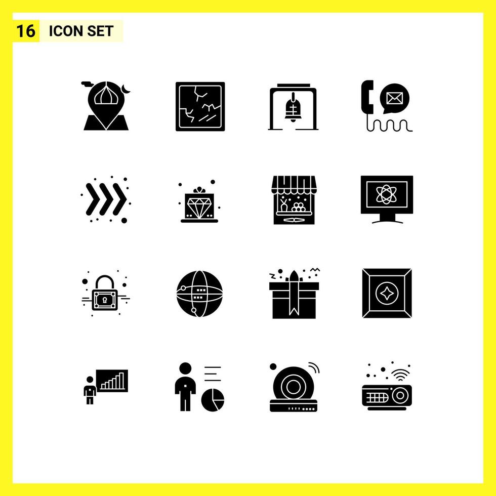 mobile interfaccia solido glifo impostato di 16 pittogrammi di freccia Aiuto mettere in guardia e-mail comunicazione modificabile vettore design elementi