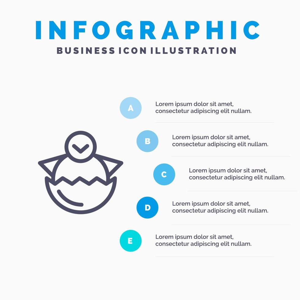 uovo pollo Pasqua bambino contento linea icona con 5 passaggi presentazione infografica sfondo vettore