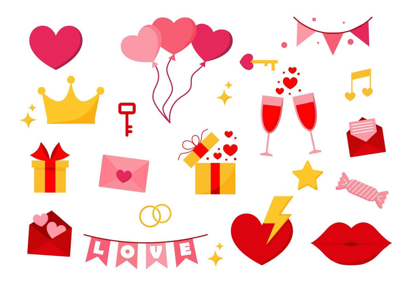 San Valentino S giorno impostato elemento. regalo, cuore, Palloncino, bacio, chiave, caramella e altri. vettore