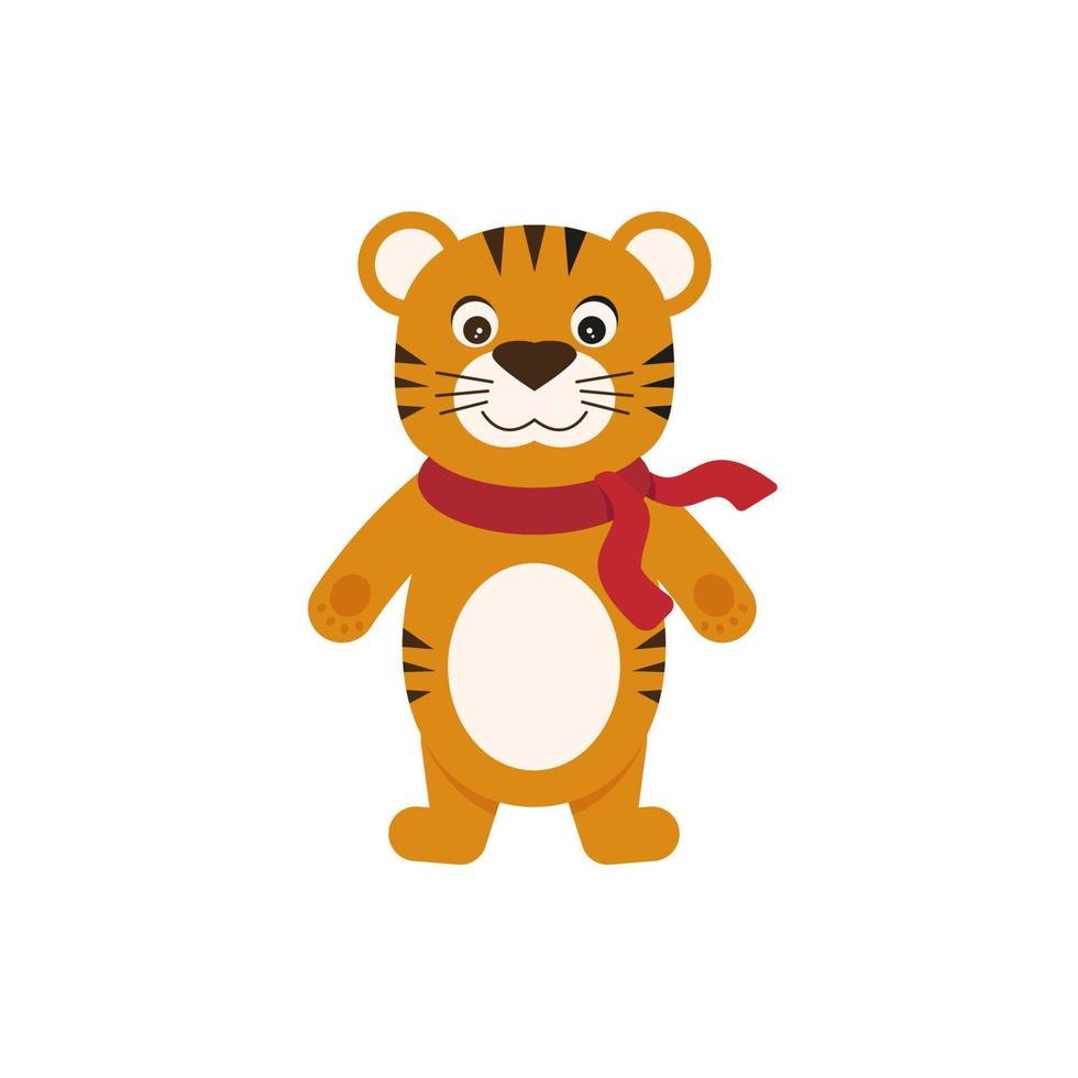 carino cartone animato a strisce rosso tigre Santa contento e onde . divertente bambino tigre su inverno sfondo con fiocchi di neve. allegro Natale vettore