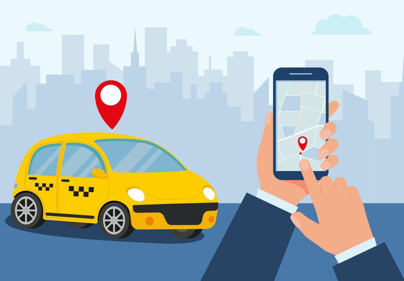 giallo Taxi. mani con smartphone e Taxi App nel il città. Taxi servizio concetto. vettore illustrazione nel piatto stile