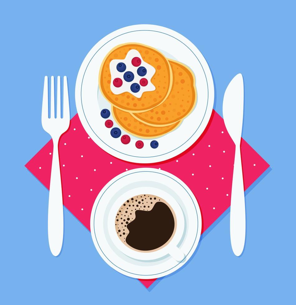 prima colazione Pancakes su un' piatto, con un' forchetta e coltello e un' tazza di caffè su un' tovagliolo. vettore illustrazione nel piatto stile