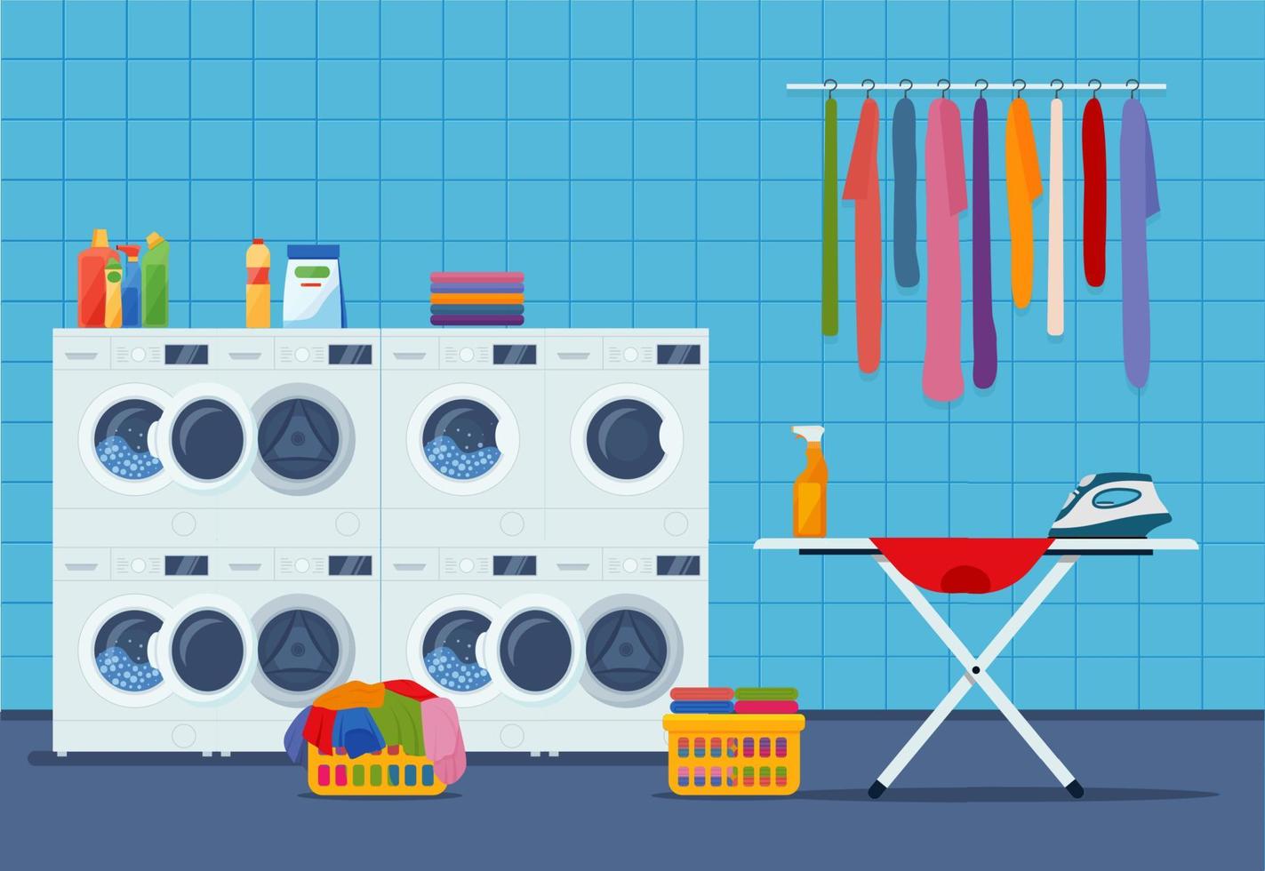 lavanderia camera interno con lavaggio macchina, stiratrice, ferro da stiro, Abiti e pulizia prodotti. vettore