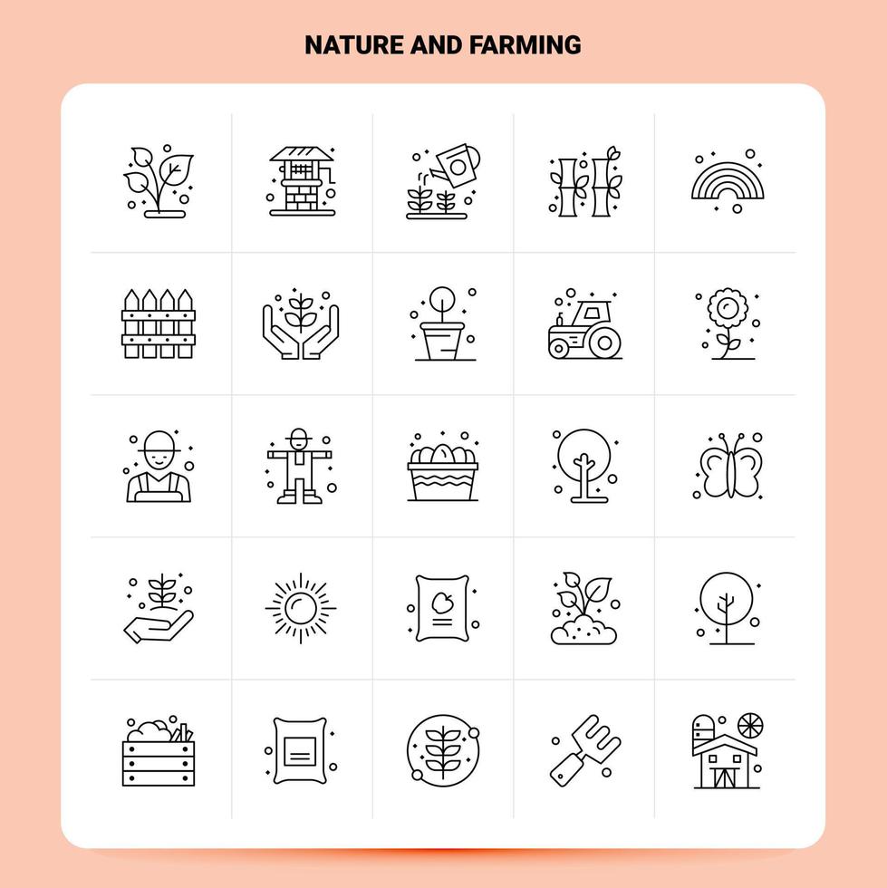 schema 25 natura e agricoltura icona impostare. vettore linea stile design nero icone impostare. lineare pittogramma pacchetto. ragnatela e mobile attività commerciale idee design vettore illustrazione.