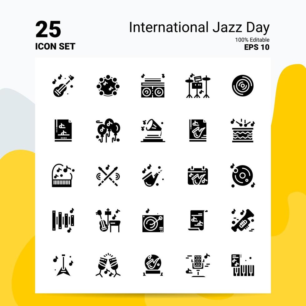 25 internazionale jazz giorno icona impostato 100 modificabile eps 10 File attività commerciale logo concetto idee solido glifo icona design vettore