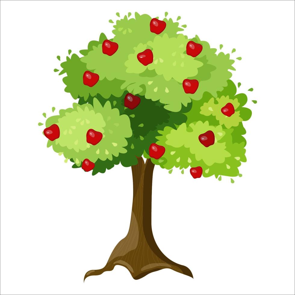 semplice verde albero con rosso mele, piatto vettore illustrazione. bellissimo rosso mele e verde le foglie. estate fioritura volta. isolato su un' bianca sfondo. giardino, frutta tre