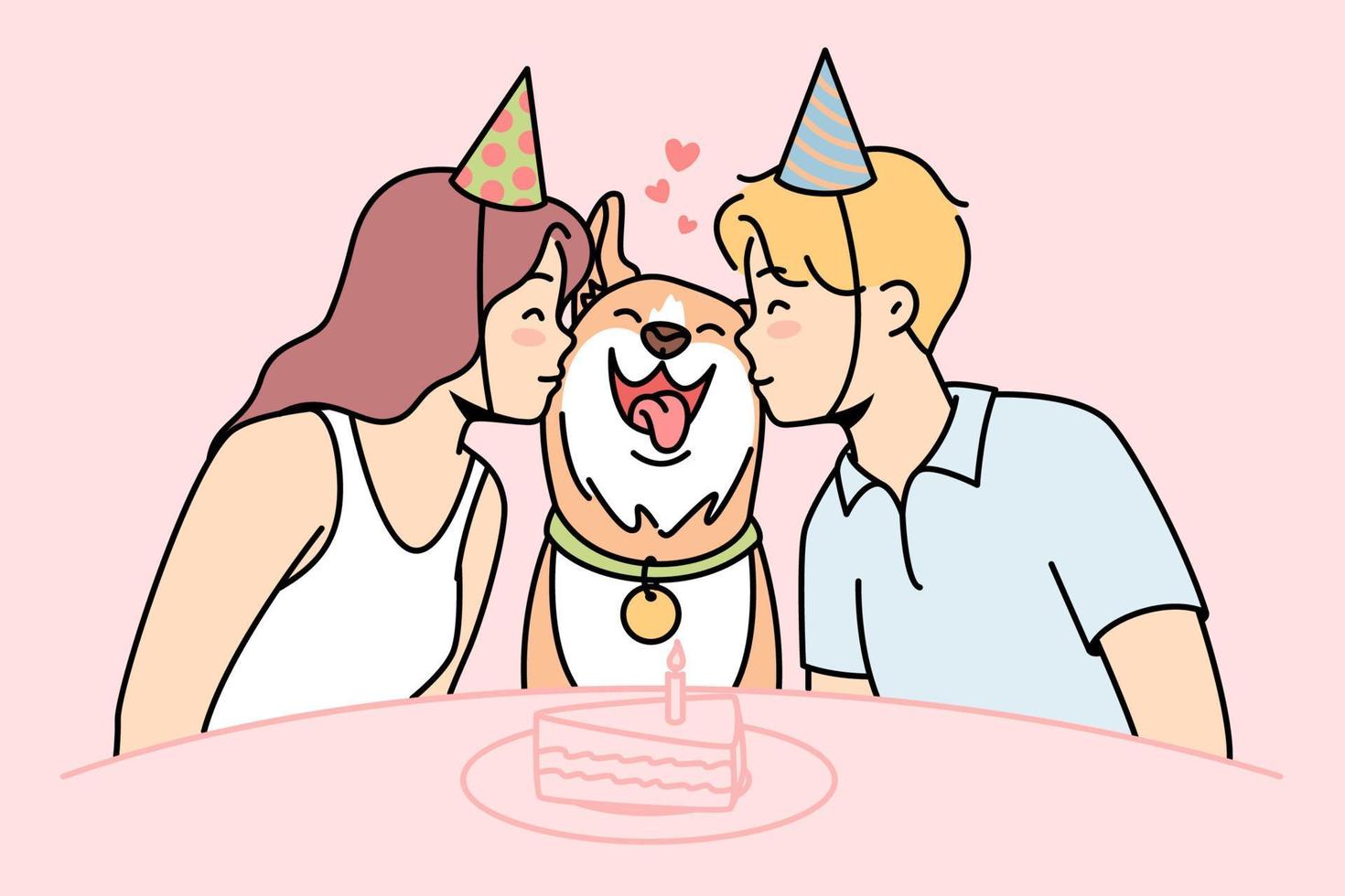 ragazza, tipo sedersi a festivo tavolo con torta, bacio contento cane nel centro. famiglia canino animale domestico celebra il suo primo compleanno circondato di amorevole giovane proprietari nel festa cappelli. vettore colorato lineare illustrazione.