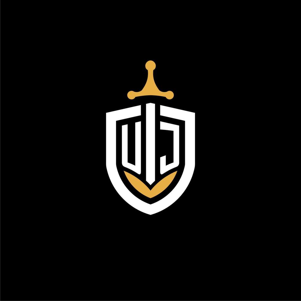creativo lettera uj logo gioco esport con scudo e spada design idee vettore