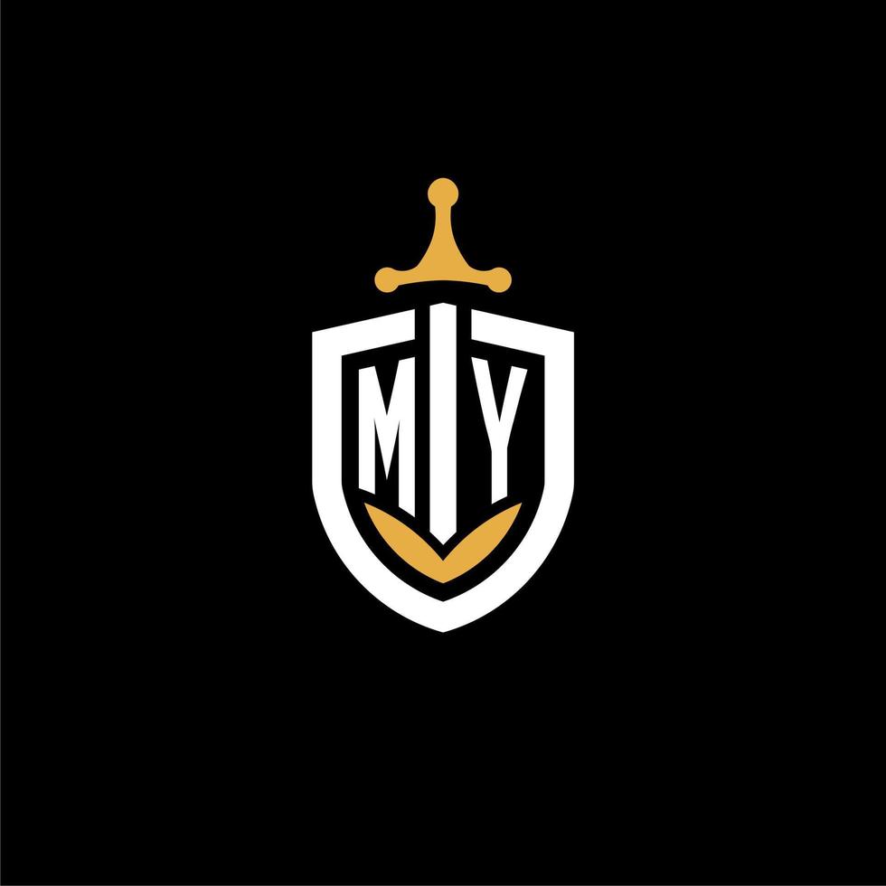 creativo lettera mio logo gioco esport con scudo e spada design idee vettore