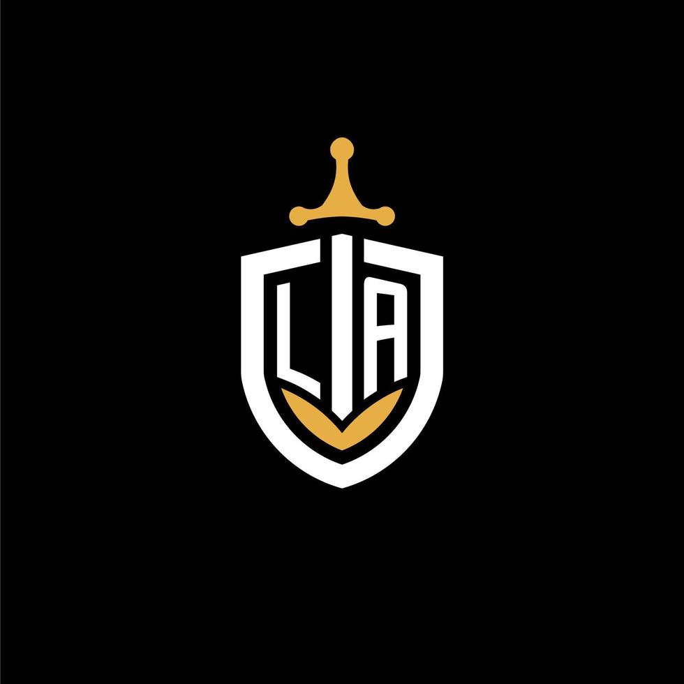 creativo lettera la logo gioco esport con scudo e spada design idee vettore