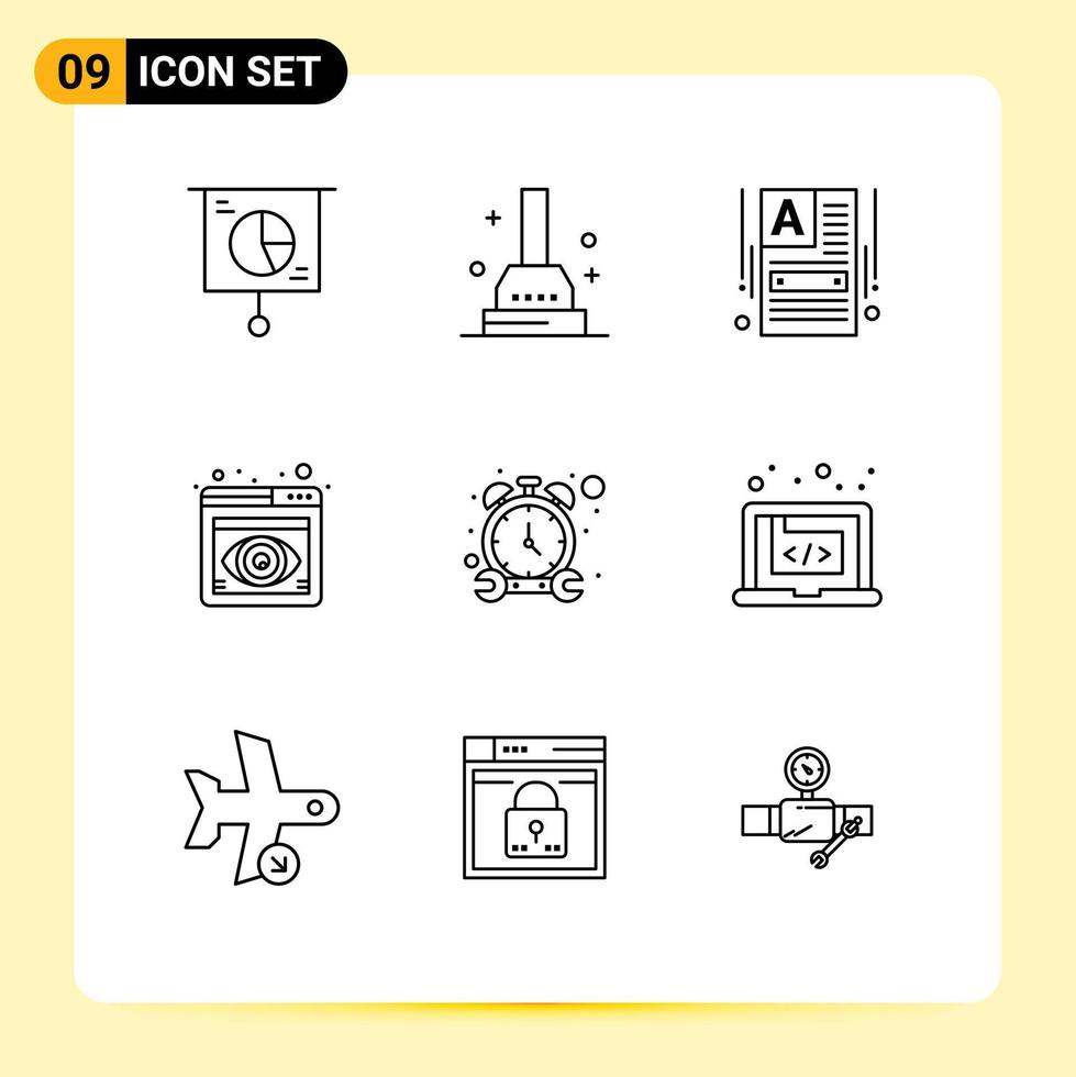 modificabile vettore linea imballare di 9 semplice lineamenti di Timer del browser rendere un' sito web Visualizza occhio modificabile vettore design elementi