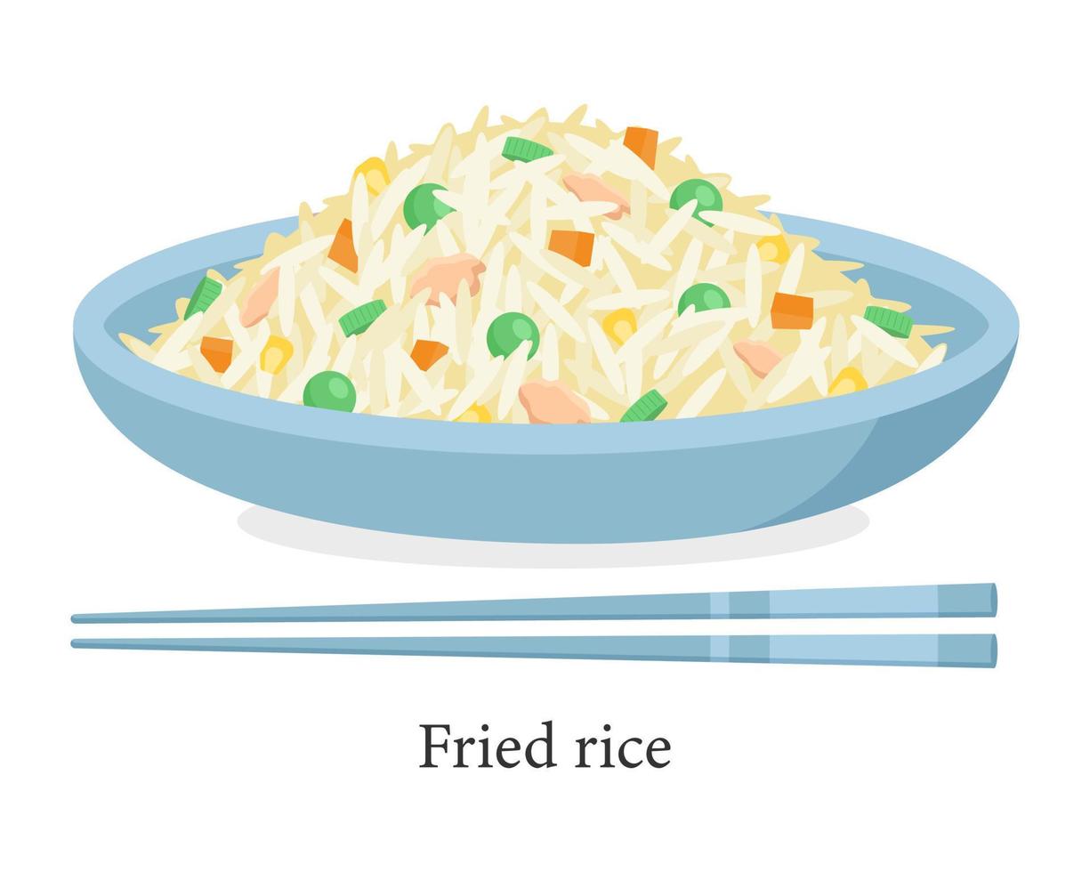 fritte riso nel un' ciotola con bacchette. tradizionale asiatico piatto. vettore illustrazione.