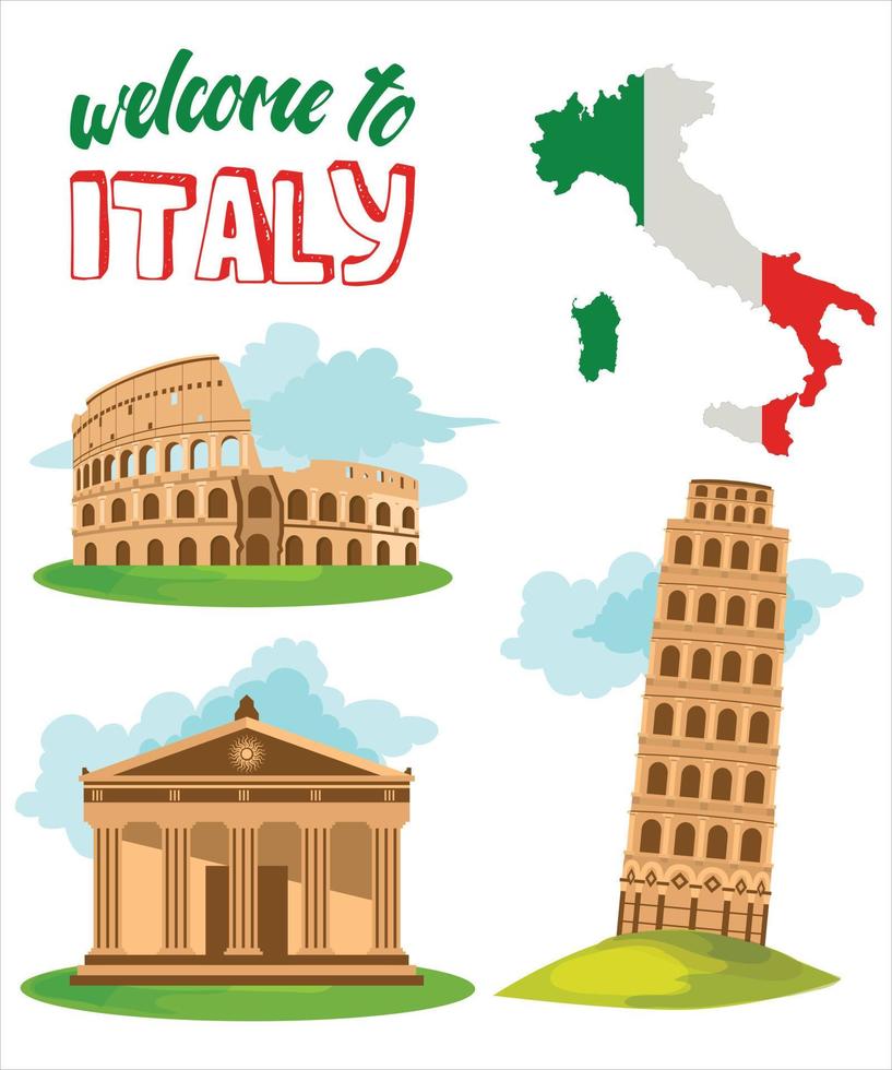 impostato di design elementi con italiano simboli. pisa Torre, colosseo. unico illustrazione fatto nel vettore. vettore